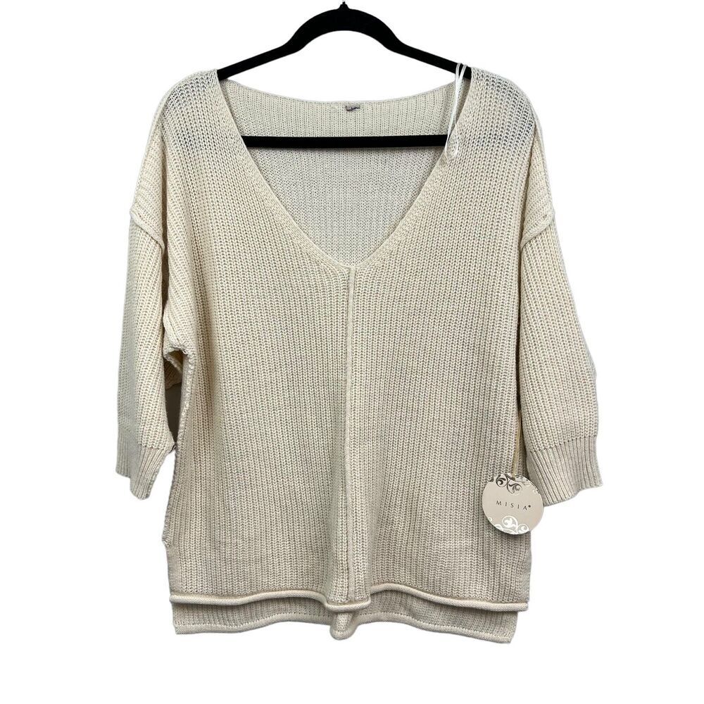 Misia Oversize Sweater V Neck Off Shoulder Quarter Sleeves Cream Women Size M*